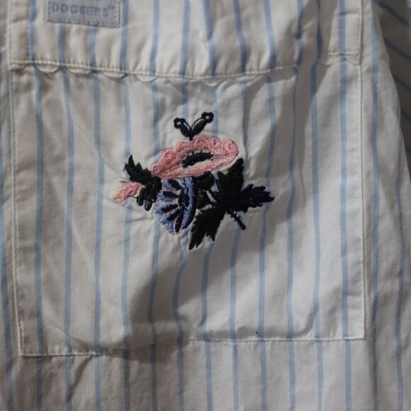 Dockers Feminine Striped Button Down Ruffle Short Sleeve Shoulder Pad Shirt Medi - Picture 8 of 10